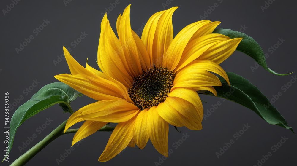 Naklejka premium A vibrant sunflower with bright yellow petals and a dark center is captured in a detailed close up shot against a simple grey background showcasing nature's beauty.
