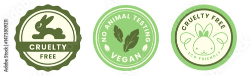 Cruelty Free label, logo, badge, icon, sticker, symbol, emblem, stamp, green, line, flat vector, isolated illustration. Cruelty free not tested on animals label for product packaging design.