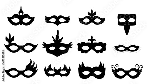 Mask vintage silhouette carnival masque, face mystery costume for ball, party or masquerade. Set simple costume.