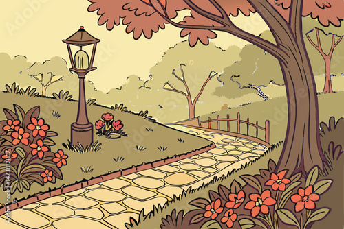 83 autumn colors, vibrant flowers, glowing candle, cobblestone path, tree-lined walkway, lush greenery, dreamy lighting, atmospheric, tranquil landscape