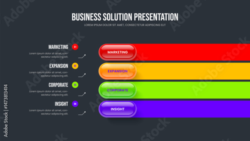Financial Growth Four Element Infographic Slide Layout. Corporate Review 4 Step Diagram Presentation Template. Visual Analysis Frame Design Vector Illustration.