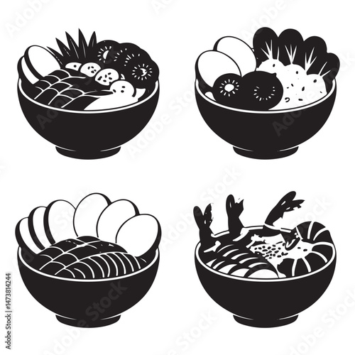 poke bowl collection. Salmon, cucumber, tomato, egg, shrimp and other vector