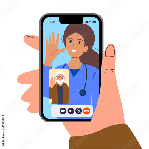 Elderly man consults with doctor via video call. Female character prescribes medicine for grandfather. Specialist communicates with old patient of online. Telemedicine concept. Flat vector