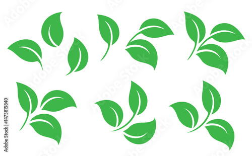 Flying green leaves vector icons set