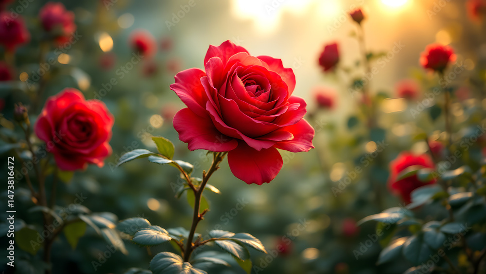 Rose Garden at Dawn: A single, vibrant red rose stands out amidst a field of its brethren, bathed in the soft golden light of sunrise. The rose's petals are delicately unfurling. Rose Garden at Dawn: A single, vibrant red rose stands out amidst a field of its brethren, bathed in the soft golden light of sunrise. The rose's petals are delicately unfurling.