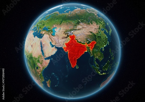 Earth globe with india highlighted in red against a dark background in a digital rendering style