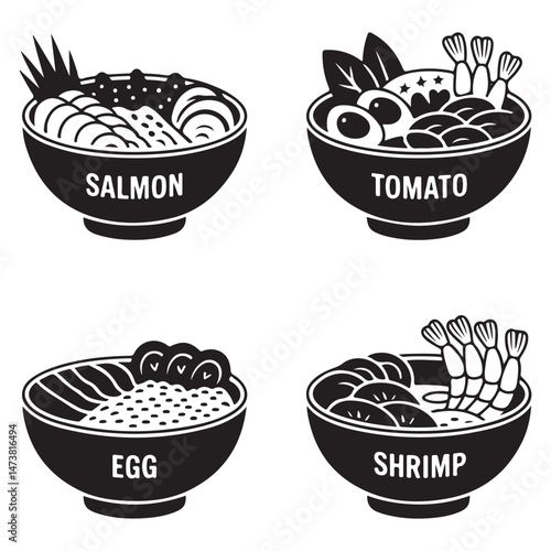 poke bowl collection. Salmon, cucumber, tomato, egg, shrimp and other vector