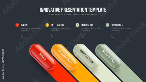 Advertising Introduction Four Element Infographic Slide Template. Marketing Overview Presentation Layout Vector Illustration. Project Report 4 Option Diagram Slideshow Design.