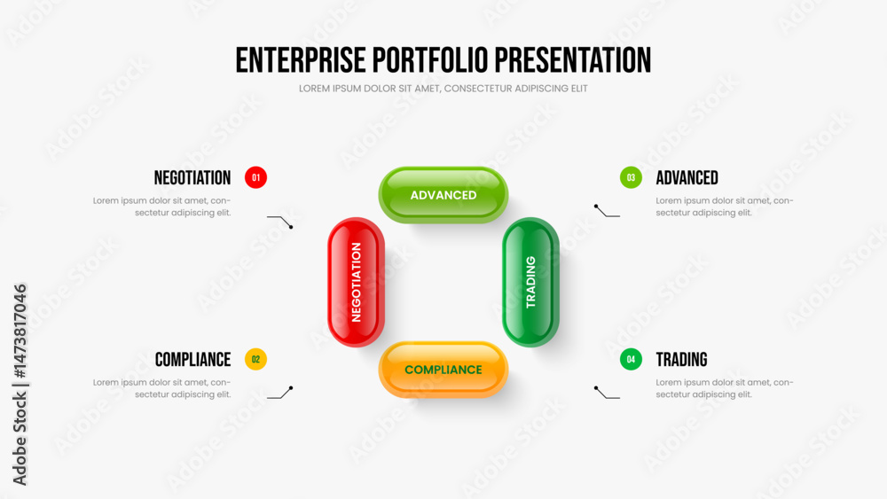 Fototapeta premium Market Planning 4 Option Diagram Frame Design. Professional Solution Four Step Infographic Presentation Template. Visual Innovation Slide Layout Vector Illustration.