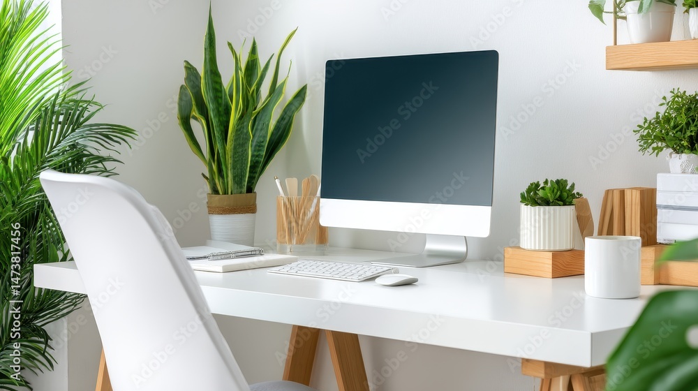 Modern home office setup featuring a sleek computer, stylish plants, and organized workspace Modern home office setup featuring a sleek computer, stylish plants, and organized workspace
