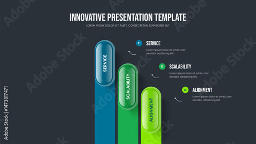Professional Visualization Presentation Template Vector Illustration. Project Solution Three Step Infographic Slideshow Layout. Creative Strategy 3 Element Diagram Slide Design.