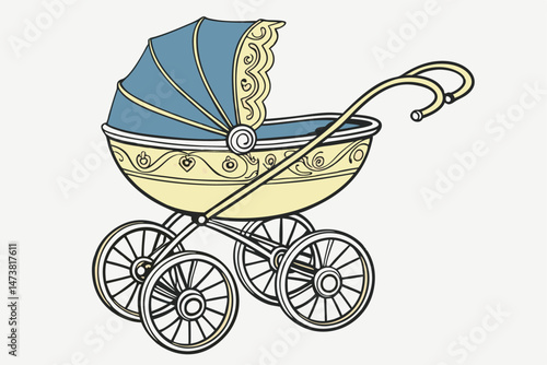 85 blue and yellow baby stroller, vintage style, ornate wheels, detailed canopy, high quality, realistic, detailed scene