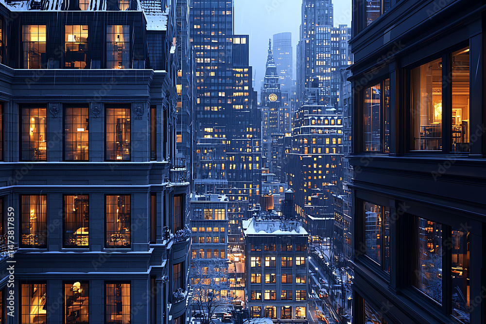 Obraz premium Stunning cityscape at twilight, snow falling on illuminated windows of elegant buildings.
