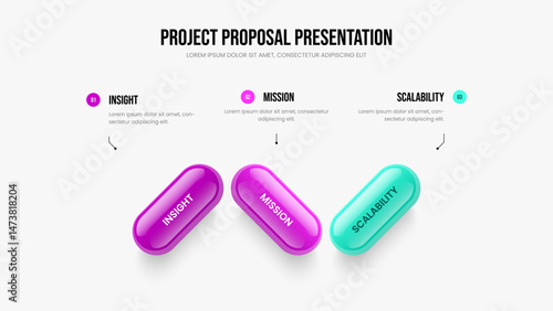 Digital Proposal 3 Element Diagram Slideshow Layout. Visual Growth Slide Template Vector Illustration. Marketing Solution Three Option Infographic Frame Design.