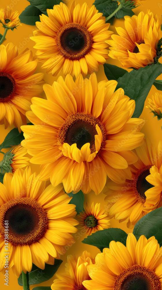 Obraz premium A vibrant and cheerful arrangement of bright yellow sunflowers with dark centers are scattered across a warm golden background, creating a summery floral pattern.