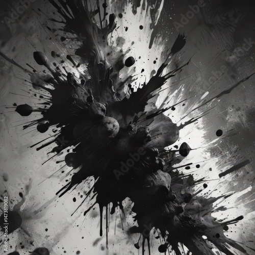 Abstract ink blots, geometric elements, distressed texture,  white,  dark,  pattern