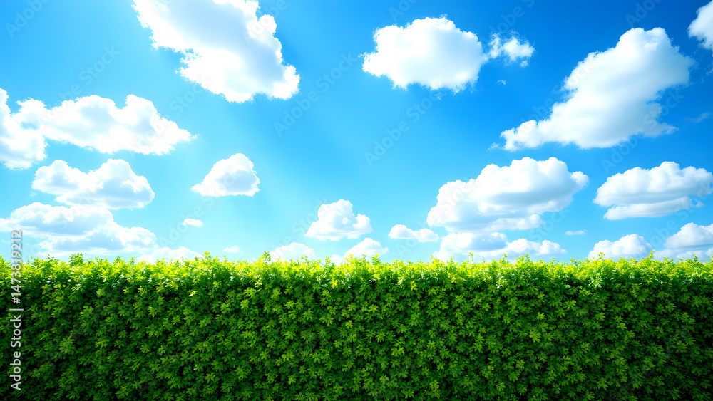 Fototapeta premium Sky and Greenery Harmony: Capturing the essence of summer with lush green vegetation dancing against a sky filled with fluffy, white clouds, evokes a feeling of calmness and pure joy.