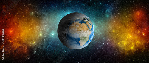 Fototapeta Naklejka Na Ścianę i Meble -  Collage, not AI. Panoramic view of the Earth, stars and galaxy. Planet Earth, view from space. Space fantasy. Elements of this image furnished by NASA.