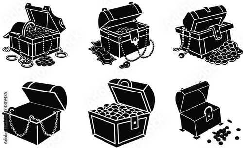 Treasure Chest Full of Coins – Vector Illustration of an Open Loot Box Overflowing with Gold, Riches, and Sparkling Currency for Pirate, Fantasy, Wealth, and Adventure Design Projects