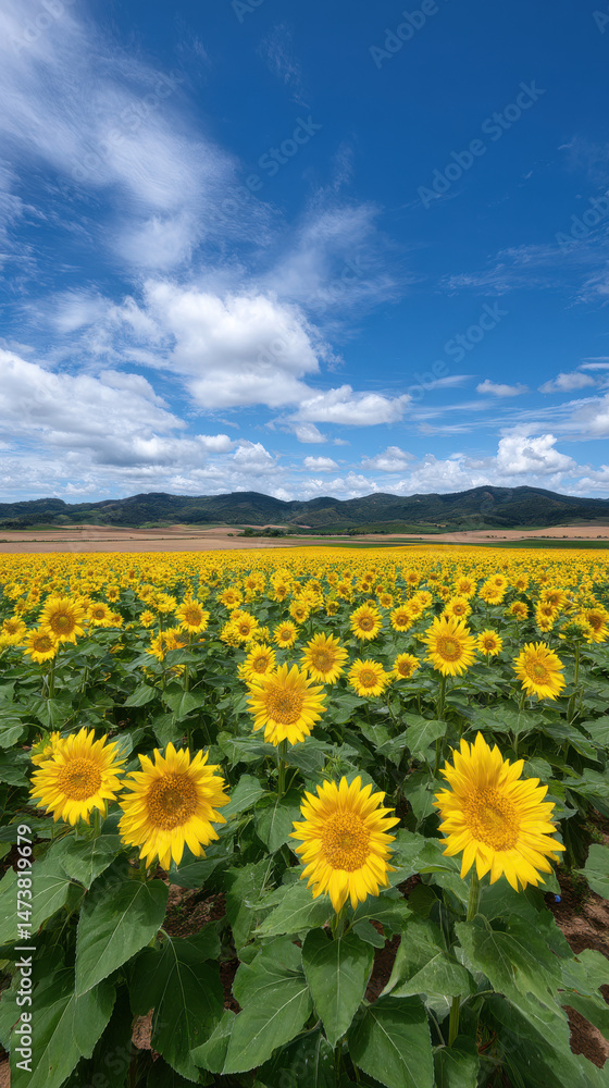 Fototapeta premium Vibrant sunflowers stretch towards a sunny sky dotted with white clouds over a golden field, creating a picturesque summer landscape with distant mountains.