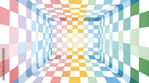 Vibrant Optical Illusion Of Checkered Cube In Pastel Colors With Geometric Perspective and Dynamic Gradient Background
