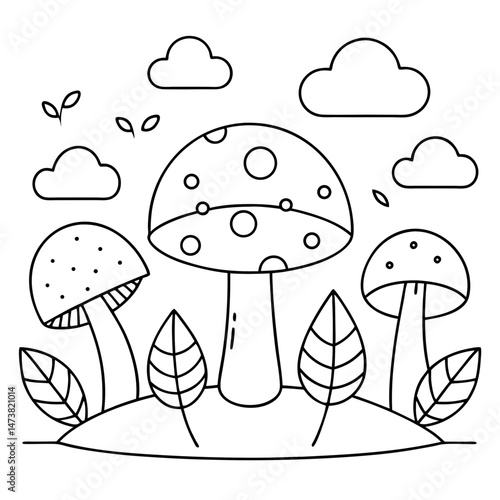 Autumn Forest Mushrooms Outline for Seasonal Coloring Book Page Featuring Woodland Fungi and Nature Elements