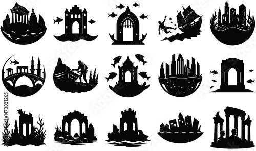 City Underwater Silhouette – Vector Illustration of Submerged Urban Landscape, Sunken Buildings, and Flooded Architecture for Fantasy, Disaster, and Sci-Fi Design Projects