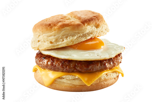 Delicious breakfast biscuit sandwich with fried egg sausage and american cheese on isolated black