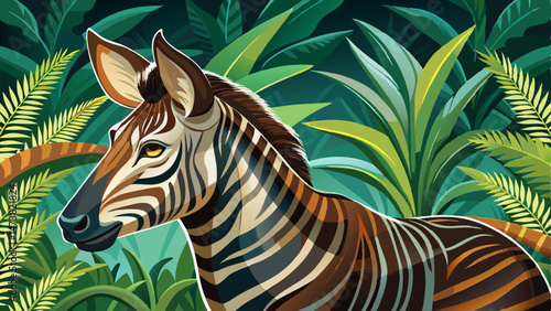 portrait Closeup Side view of an okapi with zebra-like stripes, standing among foliage  Very beautiful