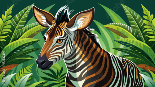 portrait Closeup Side view of an okapi with zebra-like stripes, standing among foliage  Very beautiful