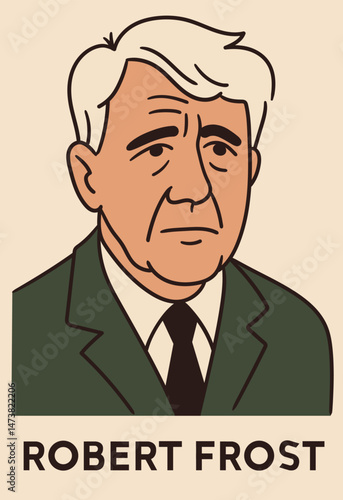 Robert Frost is a vector portrait of the famous American poet. Minimalistic vector illustration of Robert Frost in a formal suit, portrait for educational purposes, presentations and literary projects
