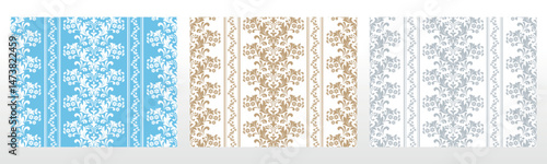 Wallpapers in the style of Baroque.. Set of colored floral ornaments. Seamless vector backgrounds Graphic patterns for fabric, wallpaper, packaging. Ornate Damask flower illustration