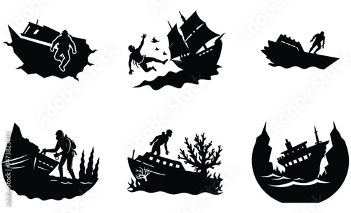 Shipwreck Silhouette – Vector Illustration of Sunken Vessel, Ocean Floor Scene, and Nautical Disaster for Marine Exploration, Adventure, and Historical Design Projects