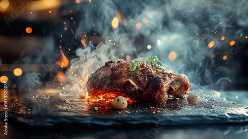 Roasted Delicious Meat with Smoke and Fire sparks on Black Background Dark Moody Gourmet Food
