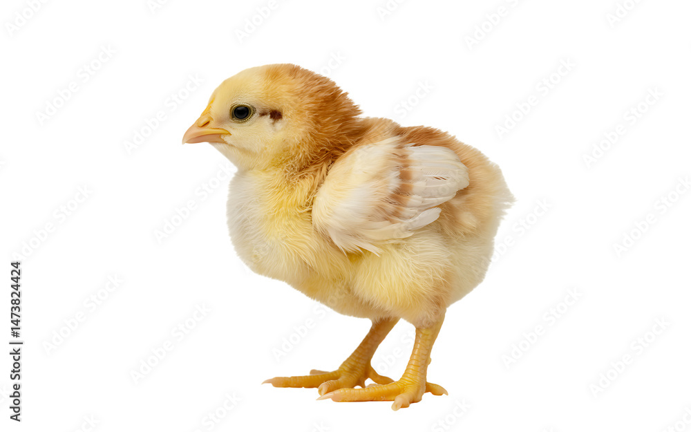 Obraz premium Adorable yellow chick standing in profile with fluffy feathers on a plain background