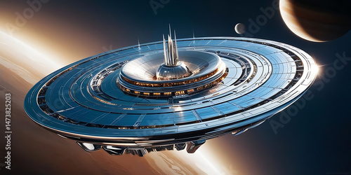 Fototapeta Naklejka Na Ścianę i Meble -  Futuristic Space Station with Sleek Circular Design Surrounded by Planets and Stars