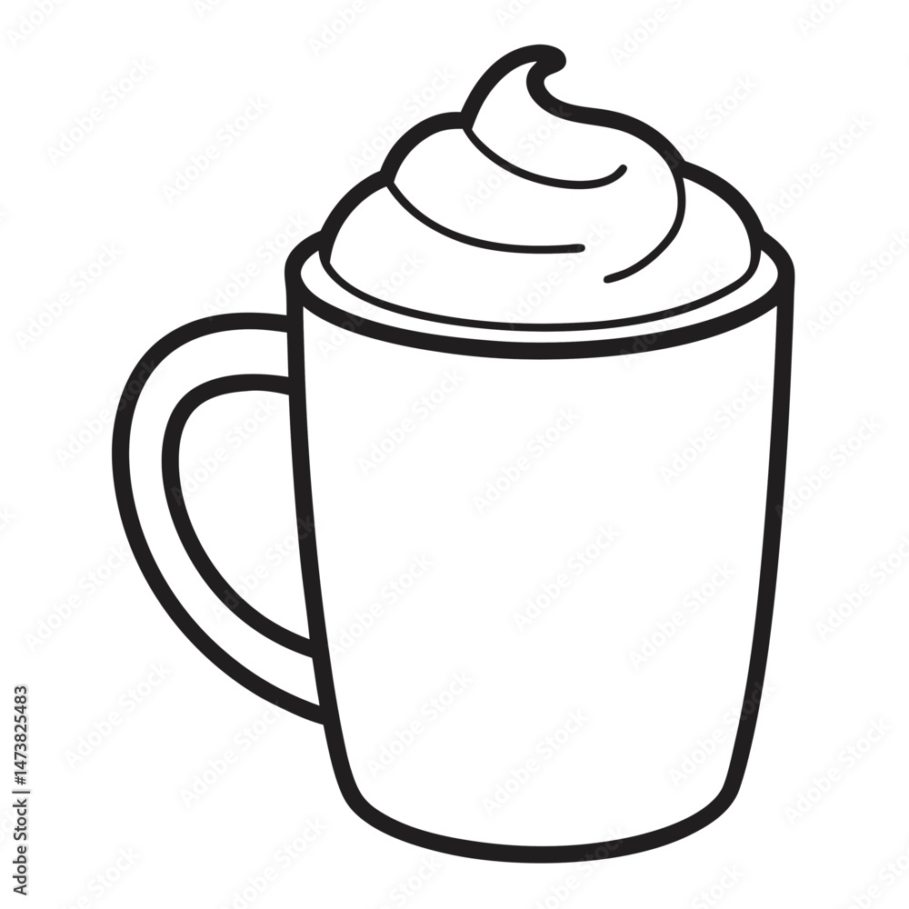 Cup of Beverage with Foam and Cream Outline for Cozy Coloring Book Page Featuring Hot Drink and Dessert Elements Cup of Beverage with Foam and Cream Outline for Cozy Coloring Book Page Featuring Hot Drink and Dessert Elements