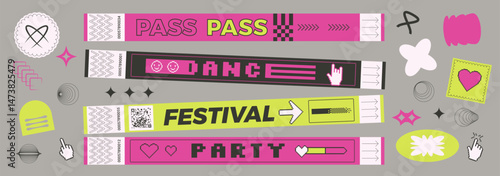 Geometric y2k stickers shapes and hand bracelet tickets set. Music festival, party, concert wristbands, patches in retro style. Paper show stamps and labels. Vector promo tags and badges.