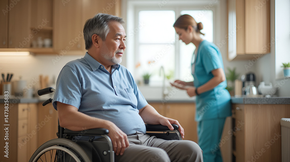 Obraz premium Mature man with cerebral palsy sitting on wheelchair looking at female healthcare worker working in kitchen