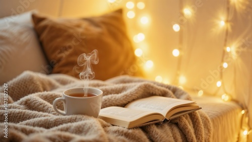 Warm and Cozy Reading Corner with Tea and Lights