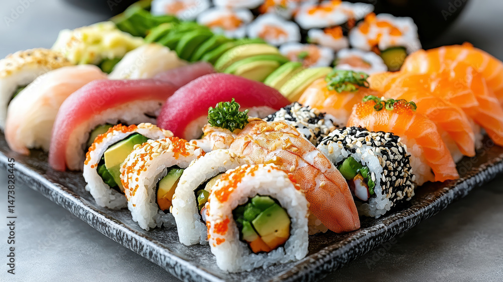 Delicious sushi platter featuring various rolls and sashimi, perfect for food lovers Delicious sushi platter featuring various rolls and sashimi, perfect for food lovers