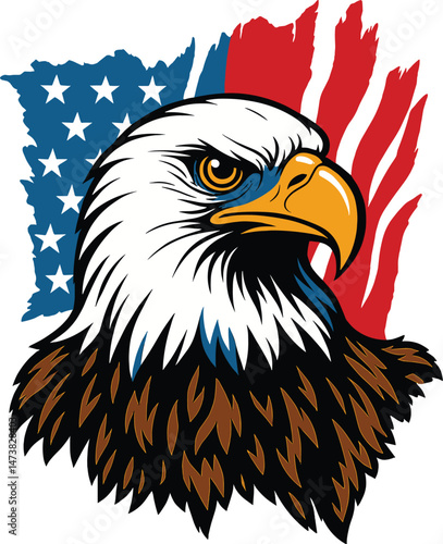 Bold bald eagle illustration with distressed American flag in patriotic red white and blue

