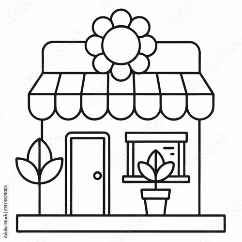 Flower Shop Outline for Printable Coloring Book Page Featuring Floral Storefront and Garden Elements