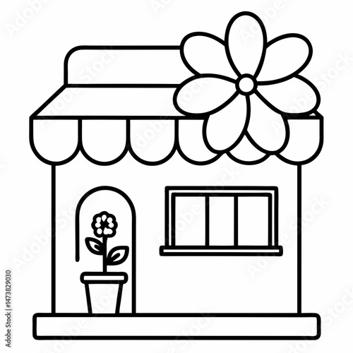 Flower Shop Outline for Printable Coloring Book Page Featuring Floral Storefront and Garden Elements