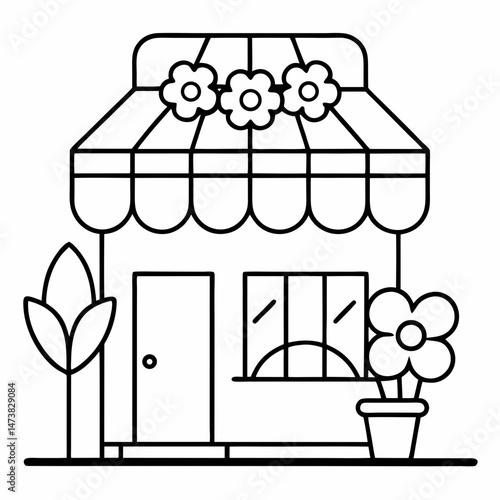 Flower Shop Outline for Printable Coloring Book Page Featuring Floral Storefront and Garden Elements