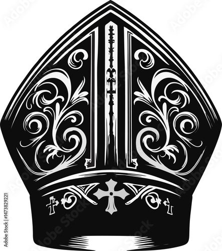 Dark Ornate Catholic Bishop Mitre Vector with Gothic Cross Design – Black and White Religious Headwear Illustration