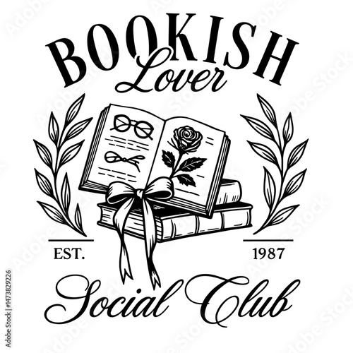 Vintage Bookish Lover Social Club design with open book, rose, and decorative leaves for readers and book lovers
