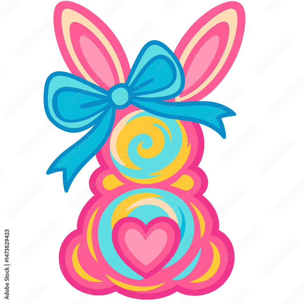 Bright colorful bunny silhouette with heart and blue bow, cute Easter design
Bright colorful bunny silhouette with heart and blue bow, cute Easter design