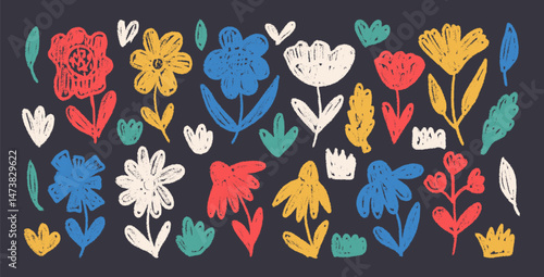 Simple flowers crayon drawn set. Naive floral chalk doodles isolated on dark background. Daisy, poppy, grass, leaves sketch elements. Vector childish style wildflowers illustration by pencil.