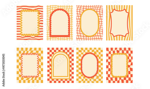 Geometric funky scallop text boxes frames set. Wavy groovy arch, rectangle borders isolated on checkered and uneven lines background. Wobbly y2k decorative callouts. Vector retro blank illustration.